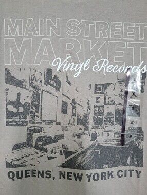 Queens NY City Main Street Market Vinyl Records Graphic Tee - Taupe XL NWT